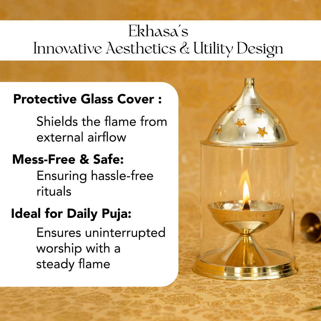 Brass Akhand Jyot Diya with Adjustable Bati Knob & Glass Cover for Puja