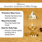 Brass Akhand Jyot Diya with Adjustable Bati Knob & Glass Cover for Puja