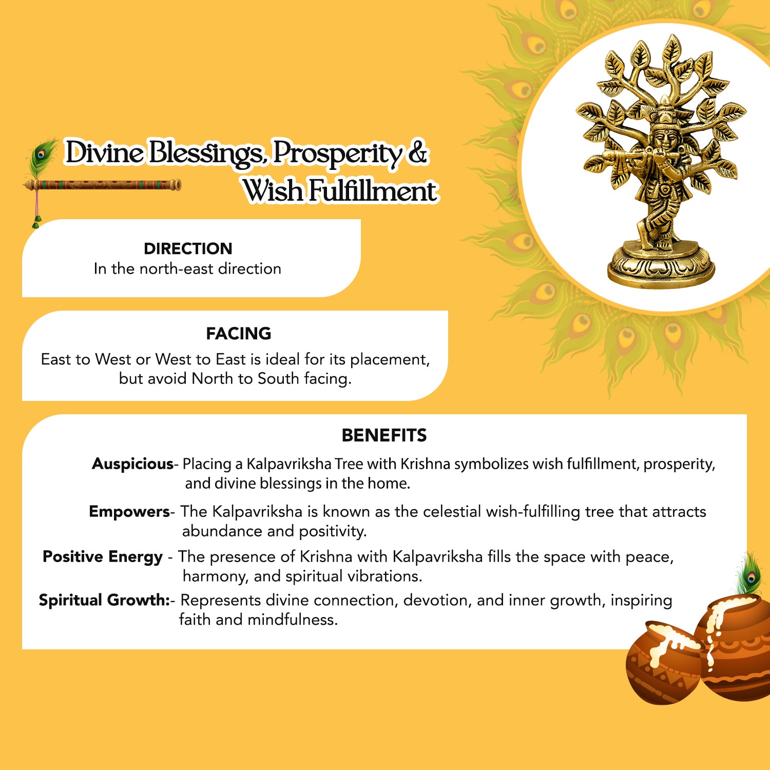 Brass Lord Krishna Idol with Kalpavriksha Tree & Flute for Home Decor & Pooja