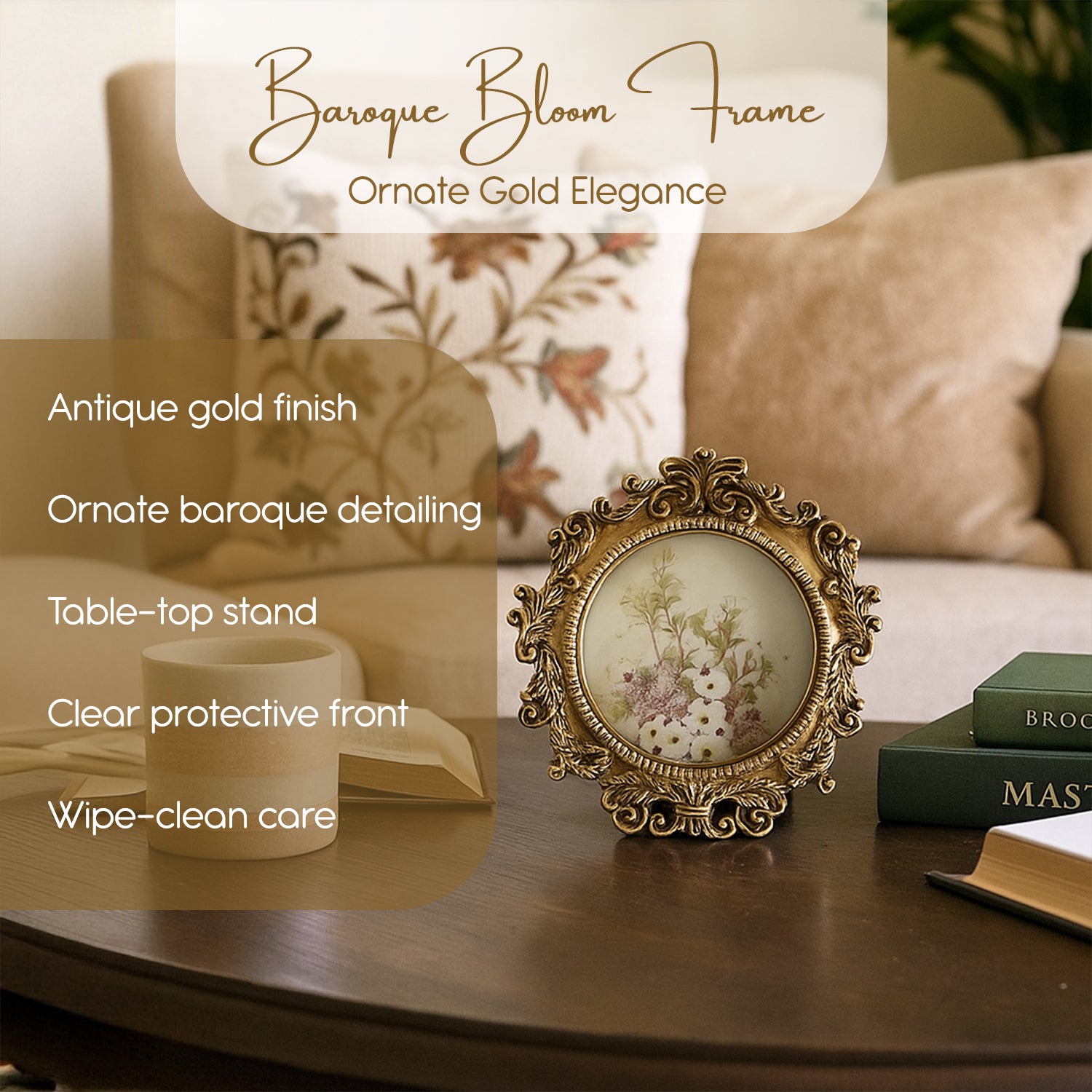Resin Vintage Round Photo Frame with Glass for Home Decor ,Table & Display