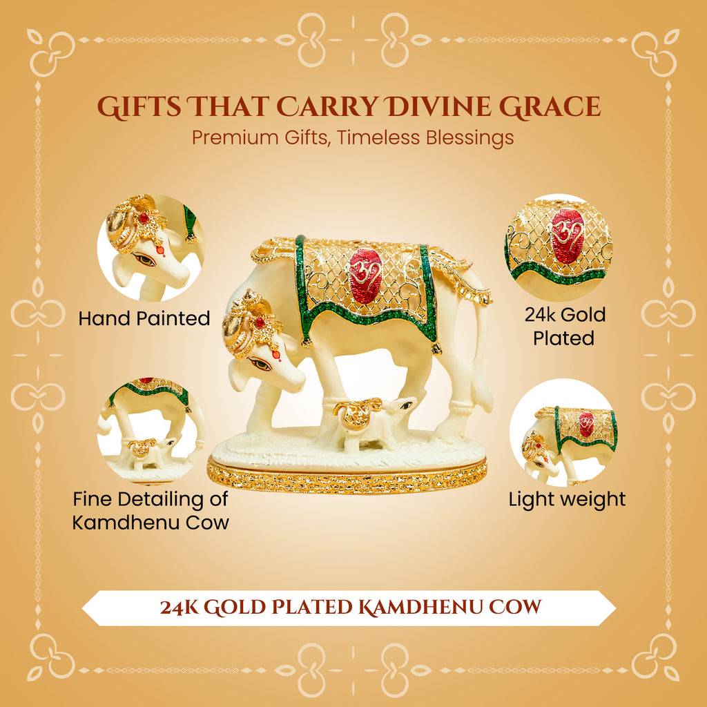 24K Gold Plated Kamdhenu Cow with Calf Idol with Gift Box for Housewarming, Wedding & Gifting