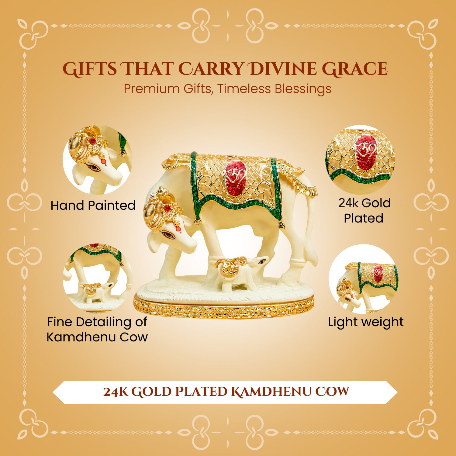 24K Gold Plated Kamdhenu Cow with Calf Idol with Gift Box for Housewarming, Wedding & Gifting
