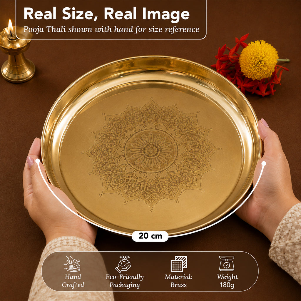 Brass Mandala Engraved Pooja Thali(8 inch) for Aarti, Pooja Rituals, Festive & Gifting