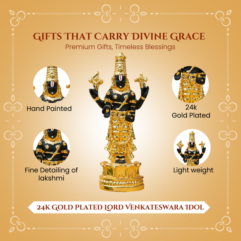 24K Gold Plated Tirupati Balaji Venkateshwara Idol with Gift Box for Housewarming, Wedding & Gifting
