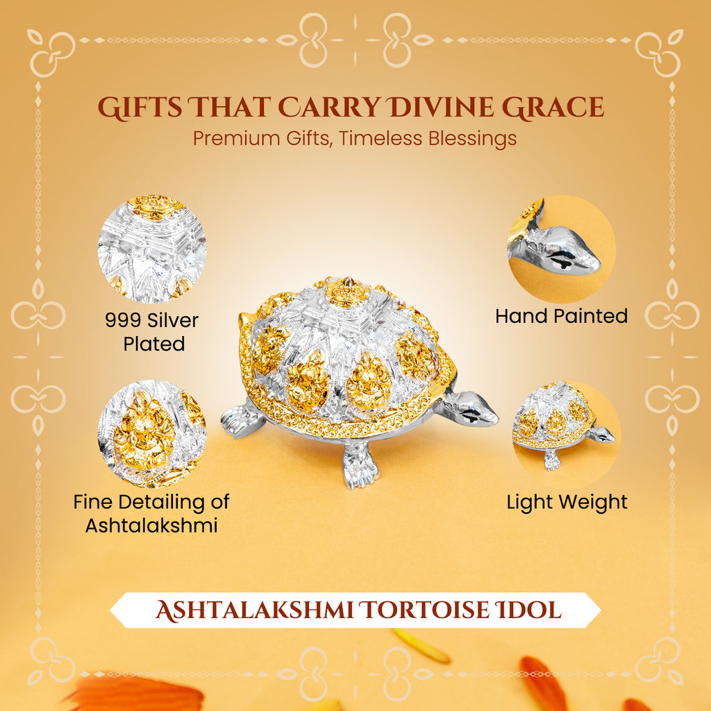 999 Silver Plated Ashtalakshmi Tortoise Idol with Gift Box for Housewarming , Wedding, Vastu & Gifting