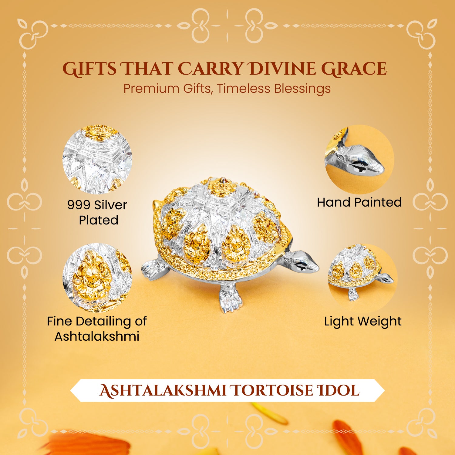999 Silver Plated Ashtalakshmi Tortoise Idol with Gift Box for Housewarming , Wedding, Vastu & Gifting