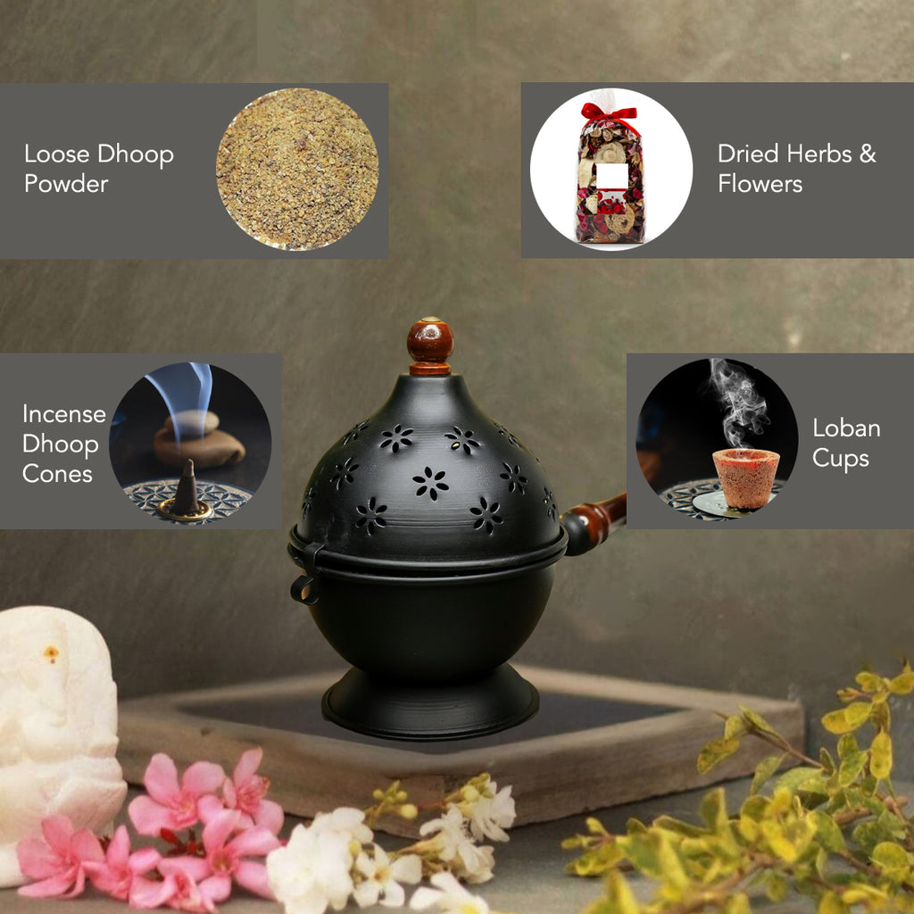 Metal Dhoop Dani with Wooden Holder for Pooja & Home Decor