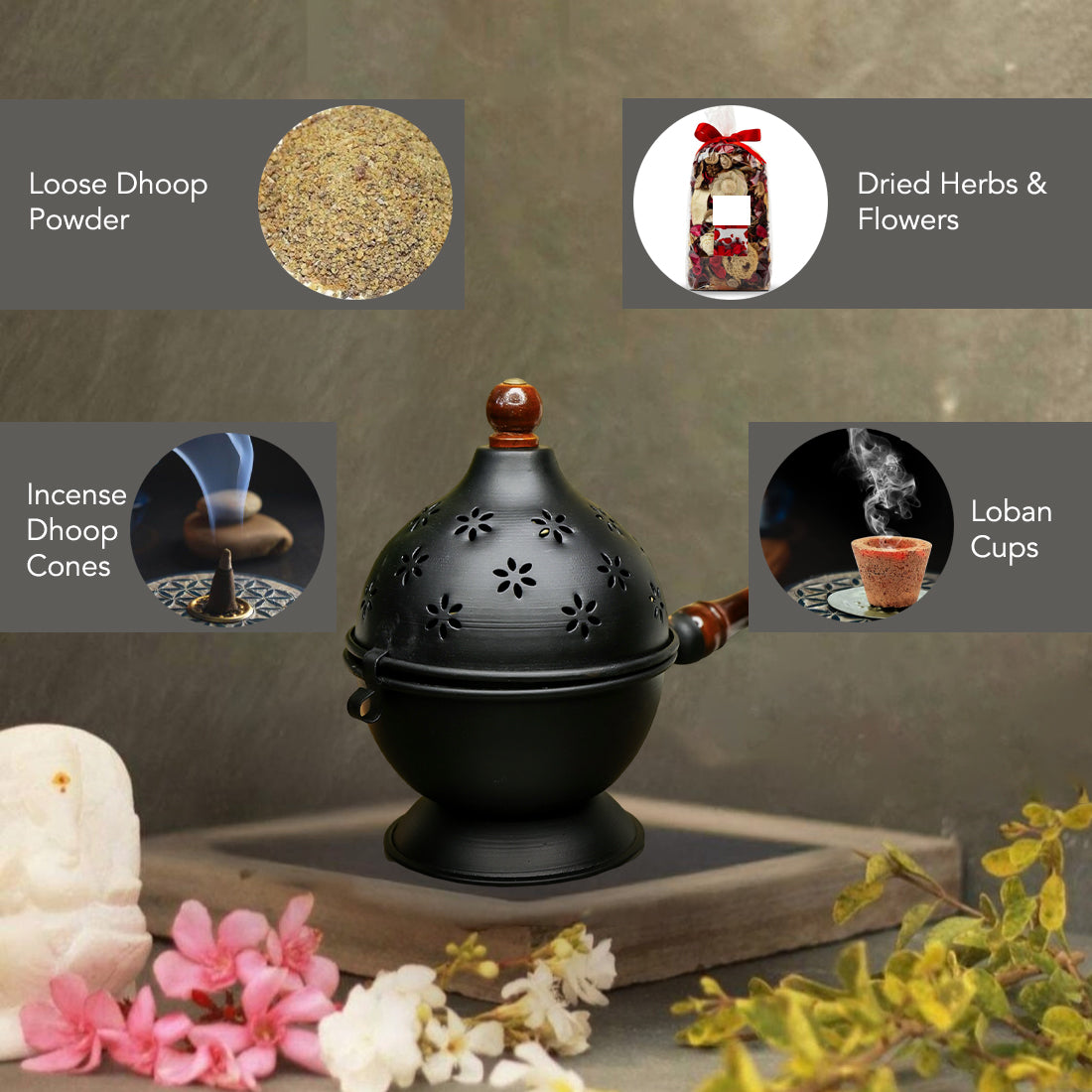 Metal Dhoop Dani with Wooden Holder for Pooja & Home Decor