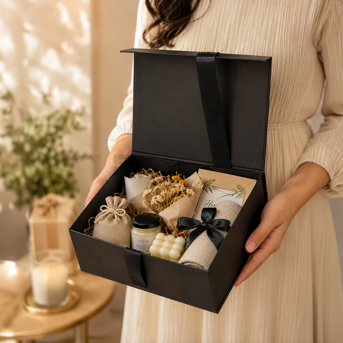 Black Foldable Multipurpose Empty Gift Hamper Box with Magnetic Closure & Ribbon (21.5 x 21 x 9.5 cm)