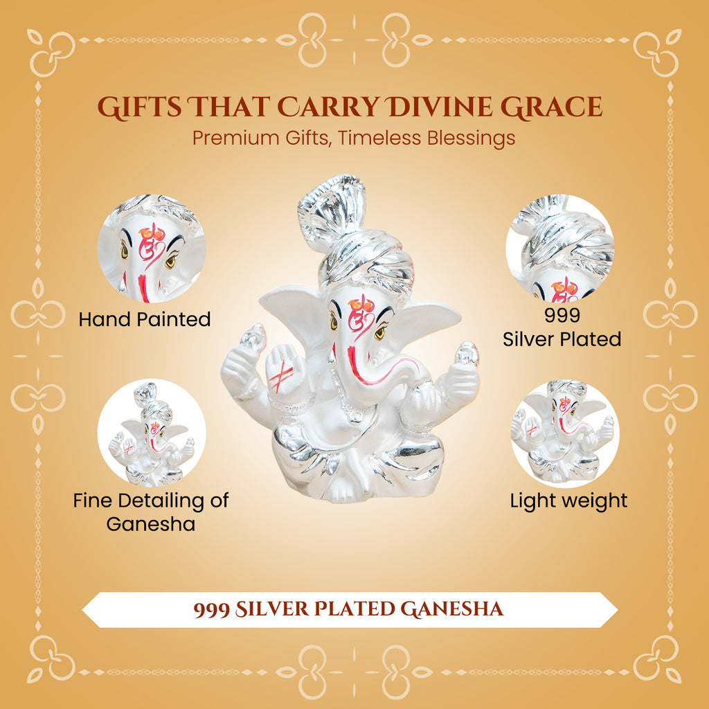 999 Silver Plated Ganesh Ganesha Idol with Gift Box for Housewarming, Wedding & Gifting