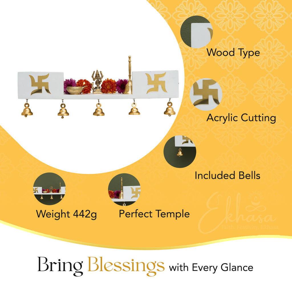 Wooden Wall Mounted Temple with Bells for Puja , Office & Home Decor