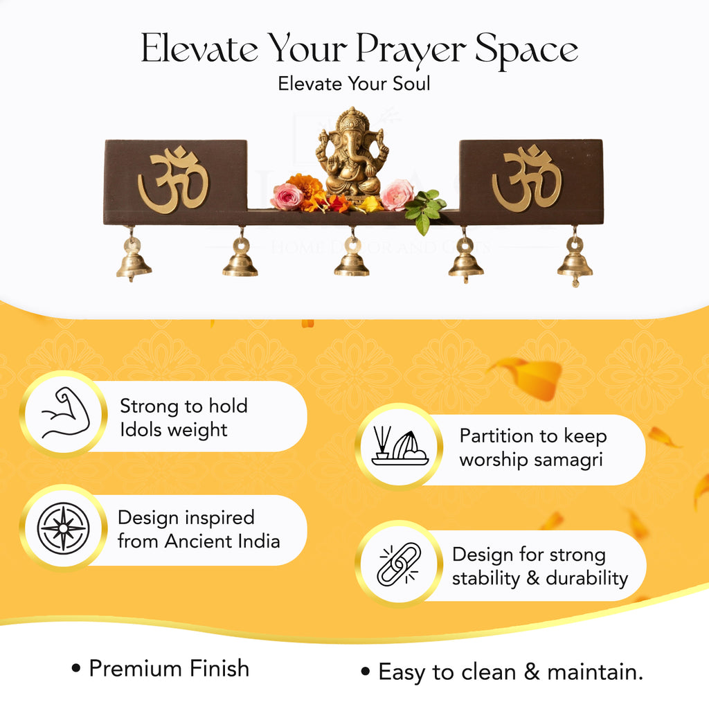 Wooden Wall Mounted Temple with Bells for Puja , Office & Home Decor