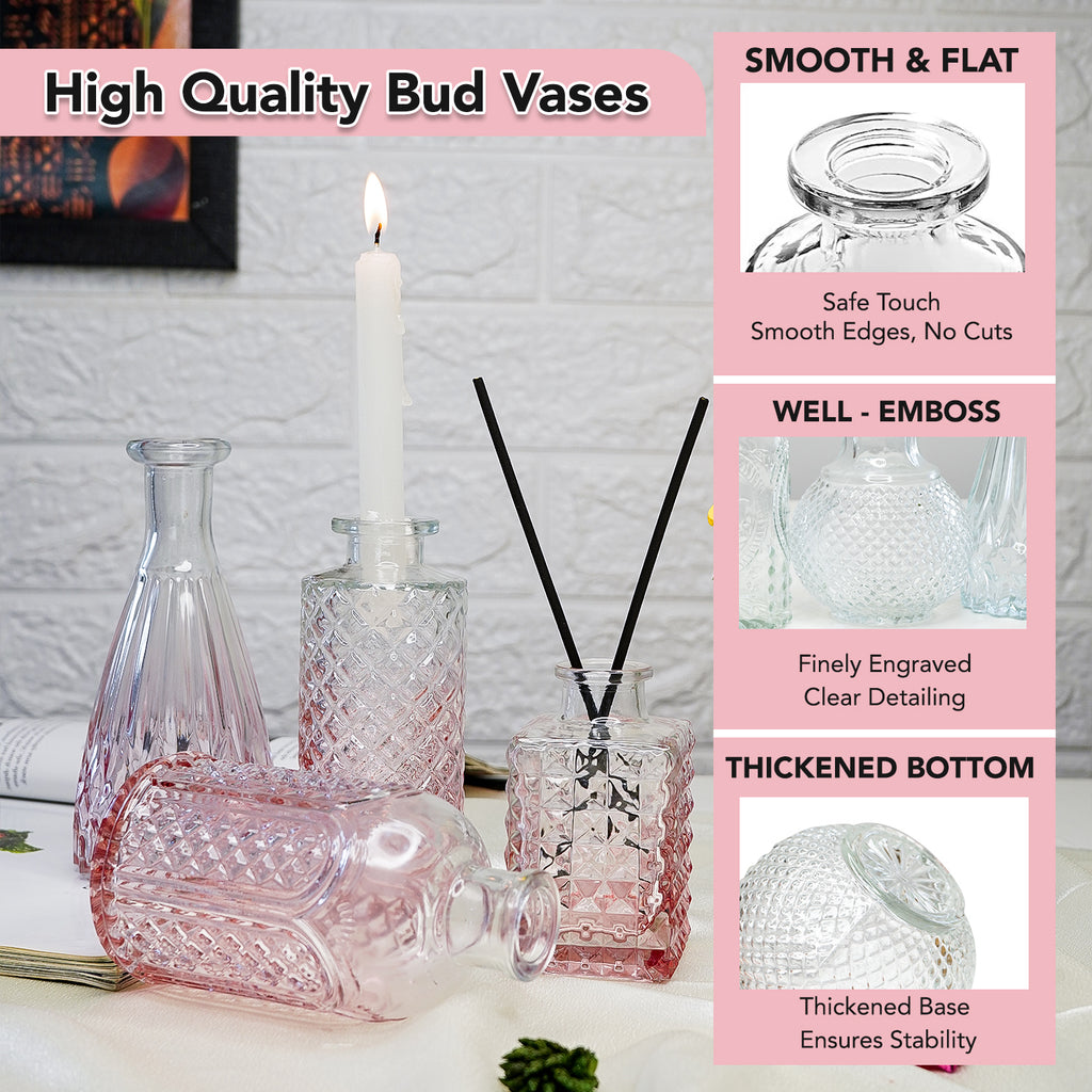 Glass Crystal Clear Bud Vases Set of 5 for Home Decor & Table Decoration