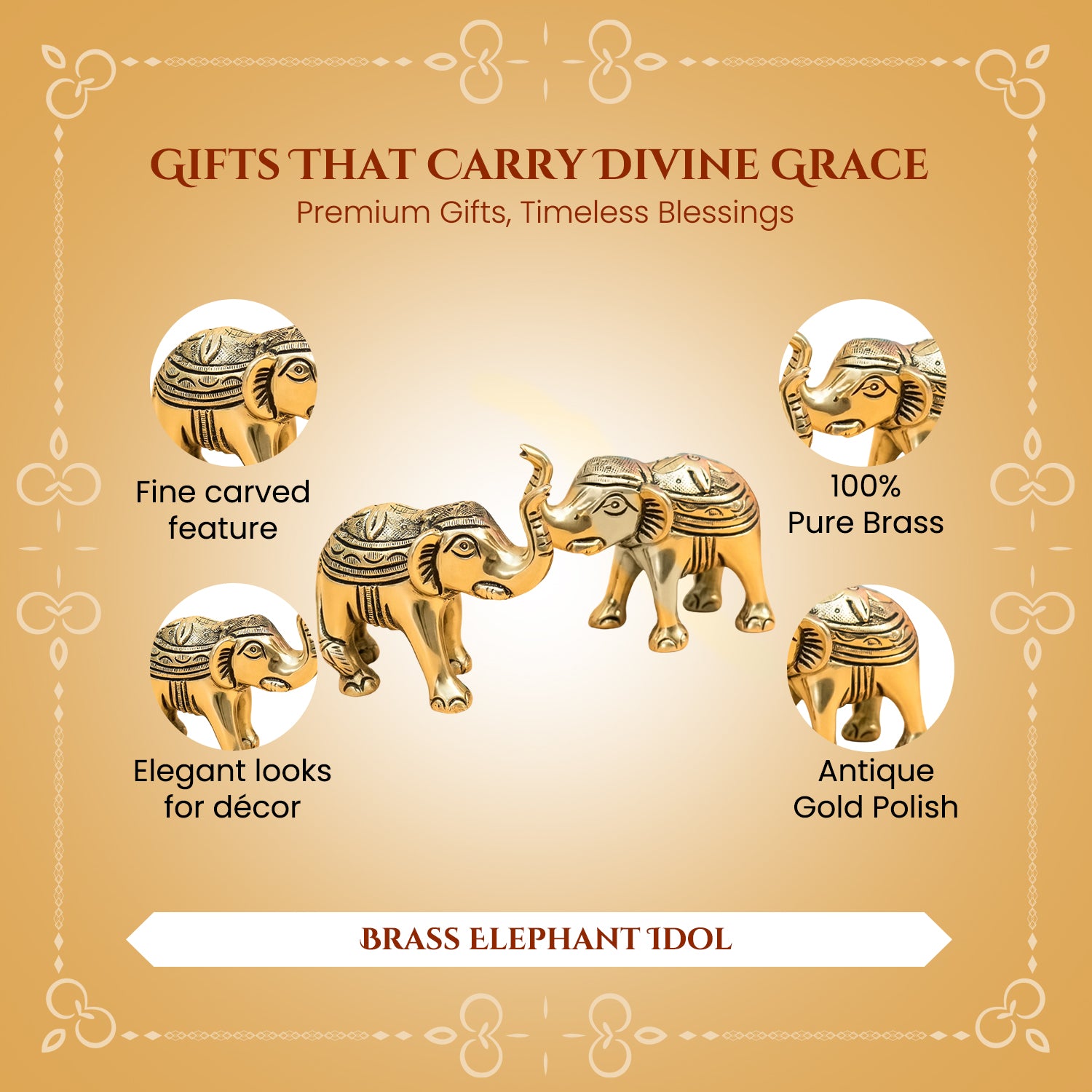 Brass Elephant Showpiece Pair with Gift Box for Housewarming, Wedding & Gifting