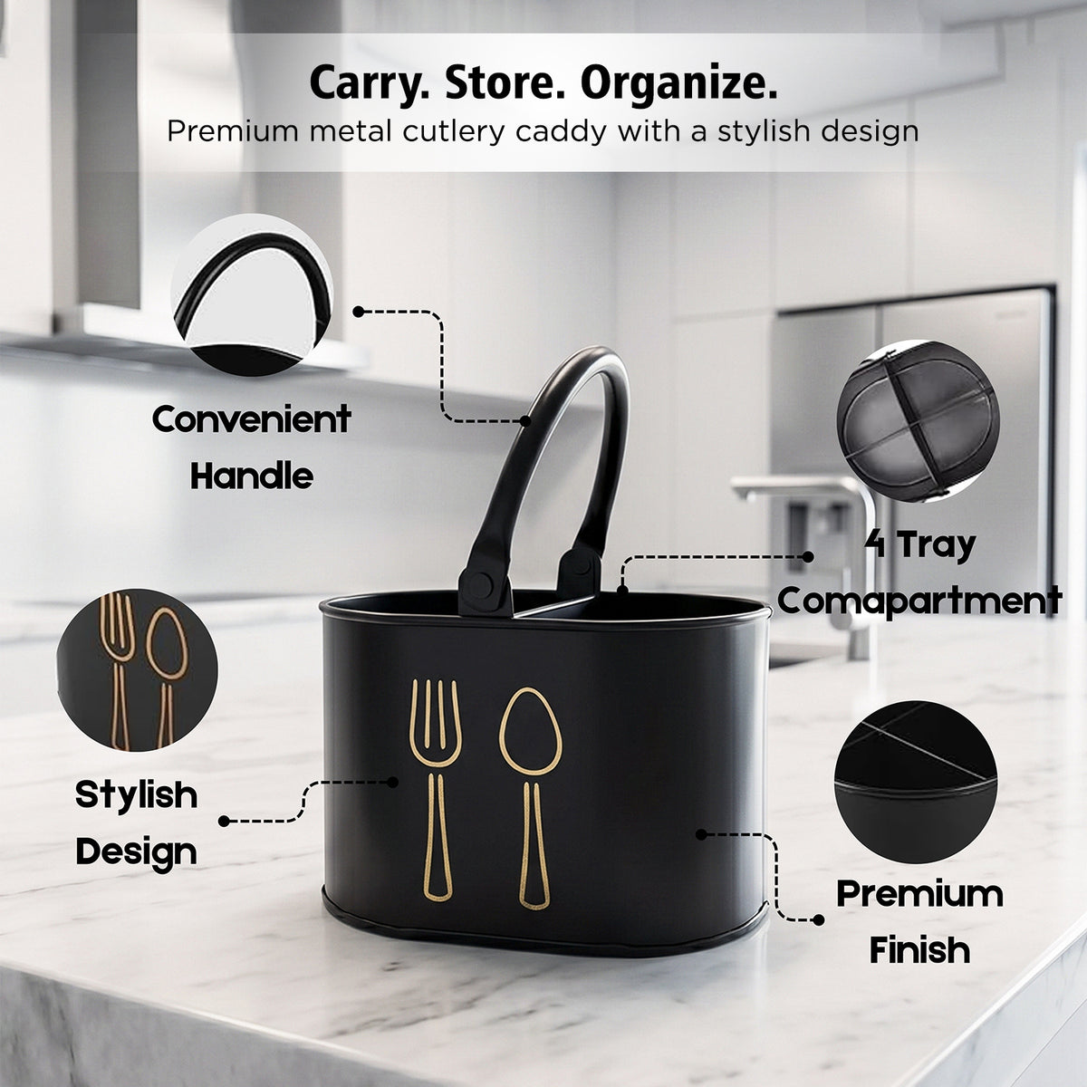 4 Compartment Metal Cutlery Holder with Handle