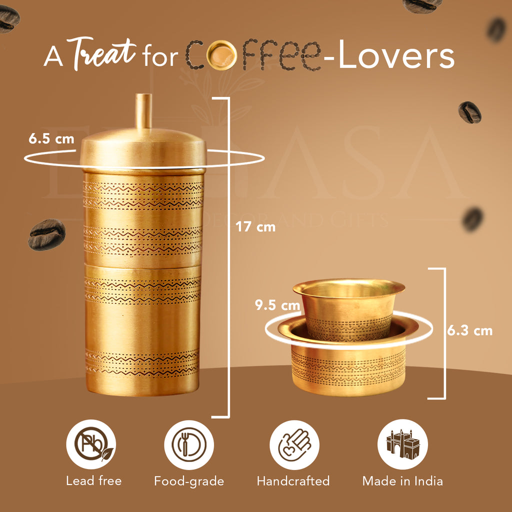 Brass Filter Coffee Maker & Coffee Cup Set with Gift Box for Housewarming, Wedding & Gifting