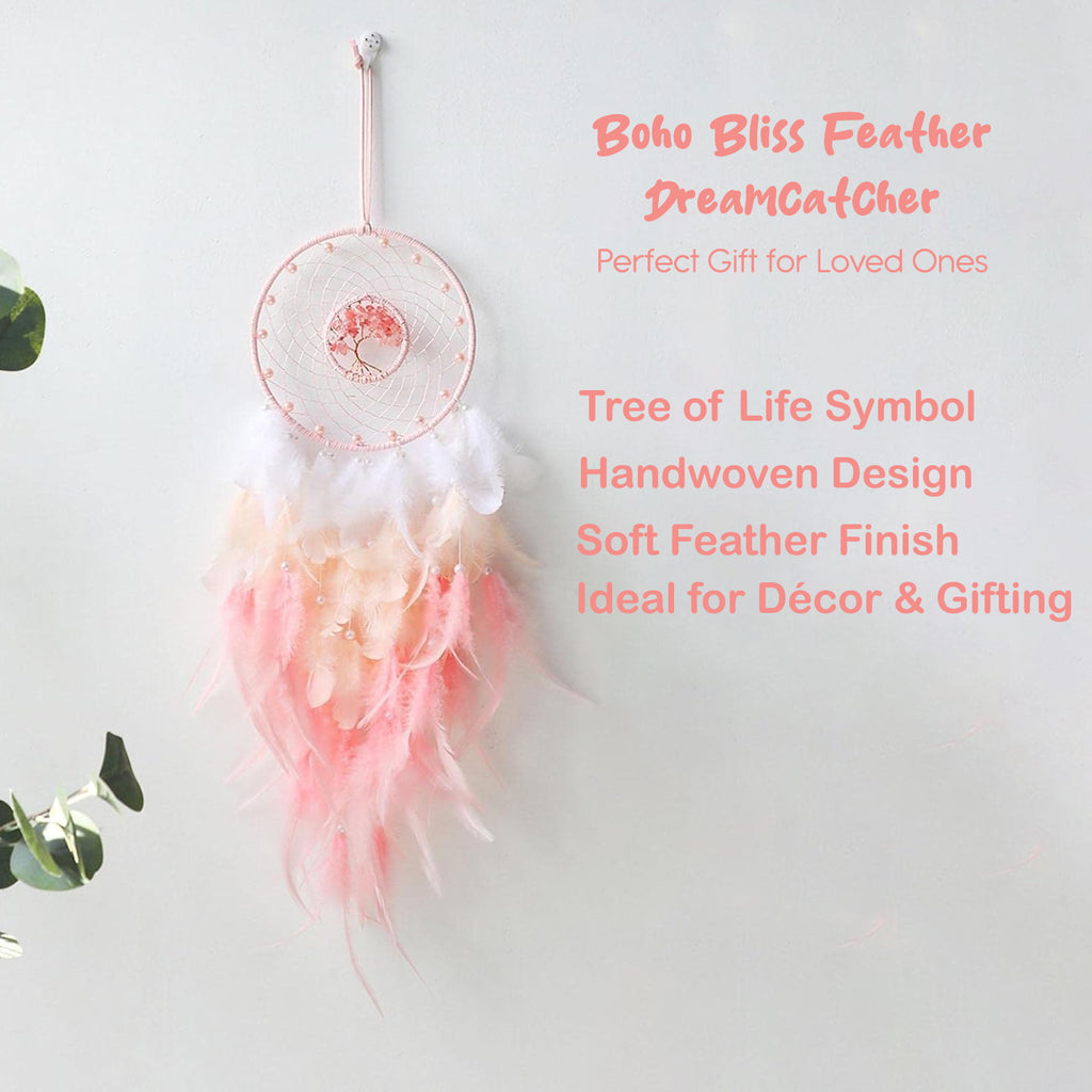 Pink Feather Dream Catcher with Tree of Life for Wall Decor & Bedroom Decoration