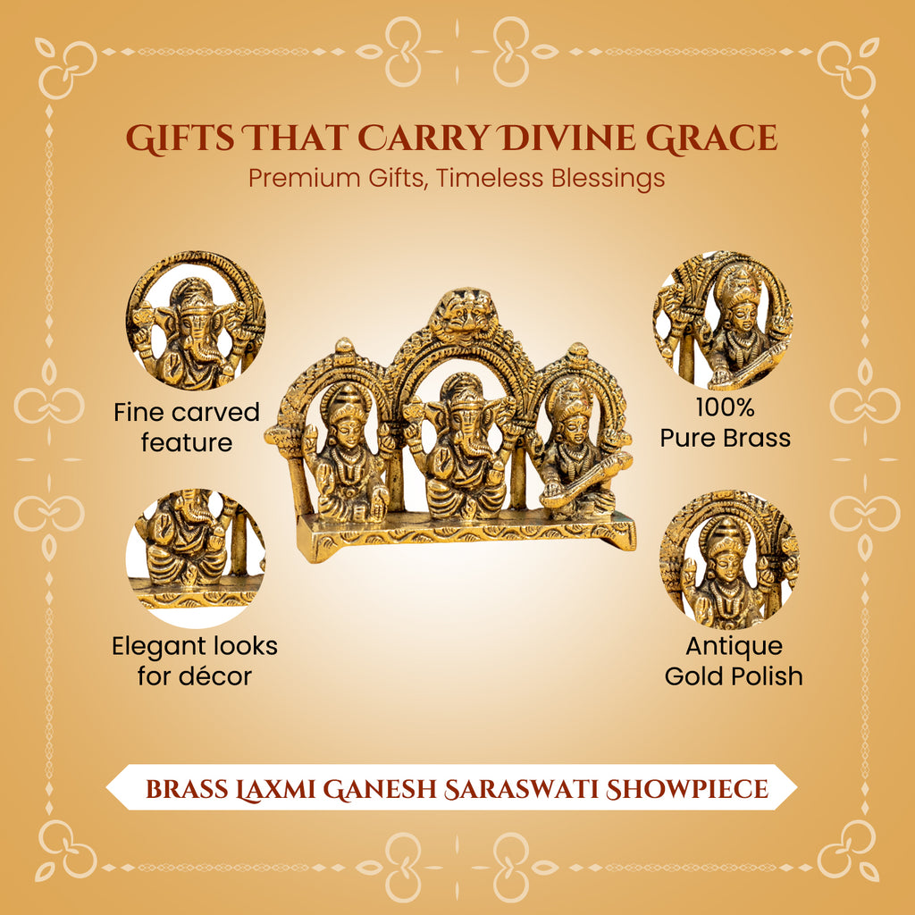 Brass Lakshmi Ganesh Saraswati Idol with Gift Box for Housewarming, Wedding & Gifting