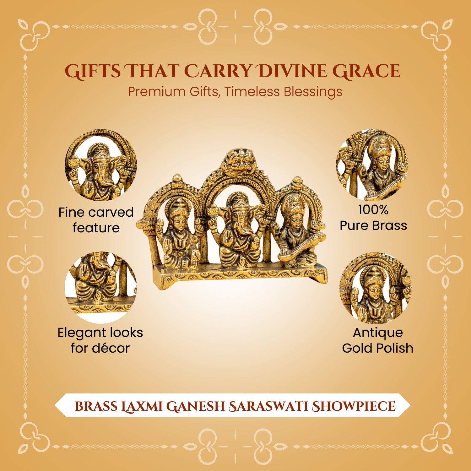 Brass Lakshmi Ganesh Saraswati Idol with Gift Box for Housewarming, Wedding & Gifting