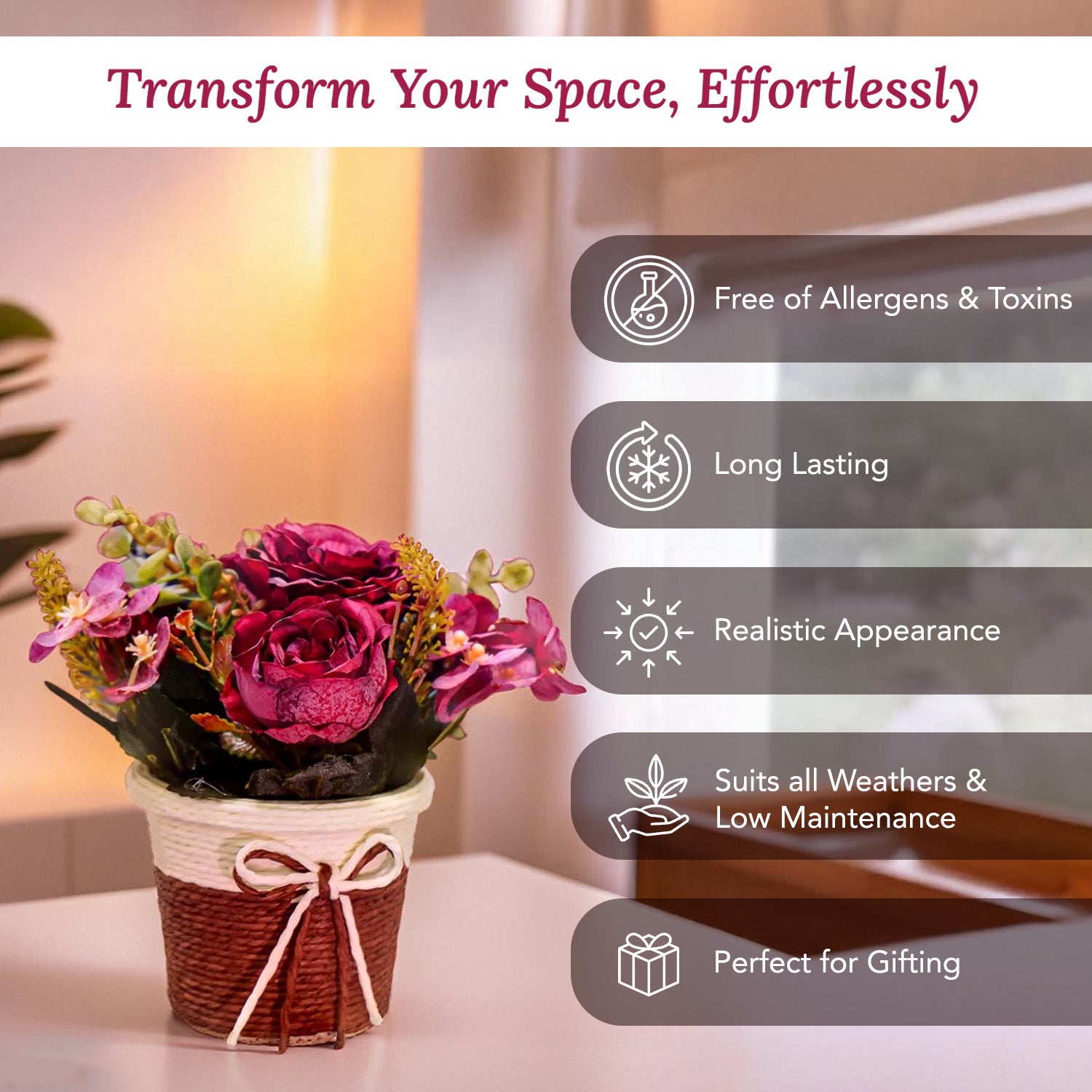 Artificial Rose Flower with Pot for Home Decor, Table Decor & Gifting