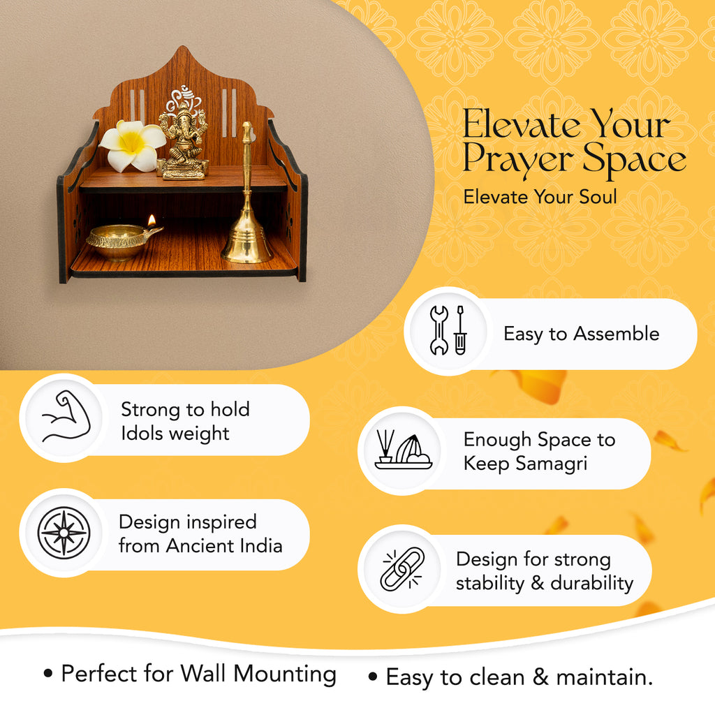 Wooden Wall Mounted Temple with Bells for Puja , Office & Home Decor