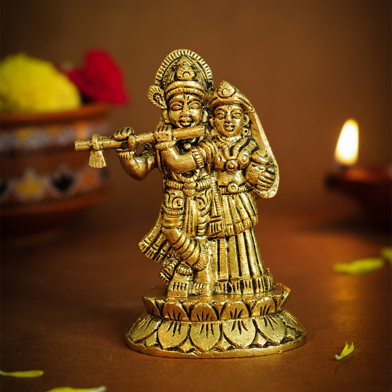 Brass Radha Krishna Idol with Velvet Gift Box for Housewarming, Wedding & Gifting