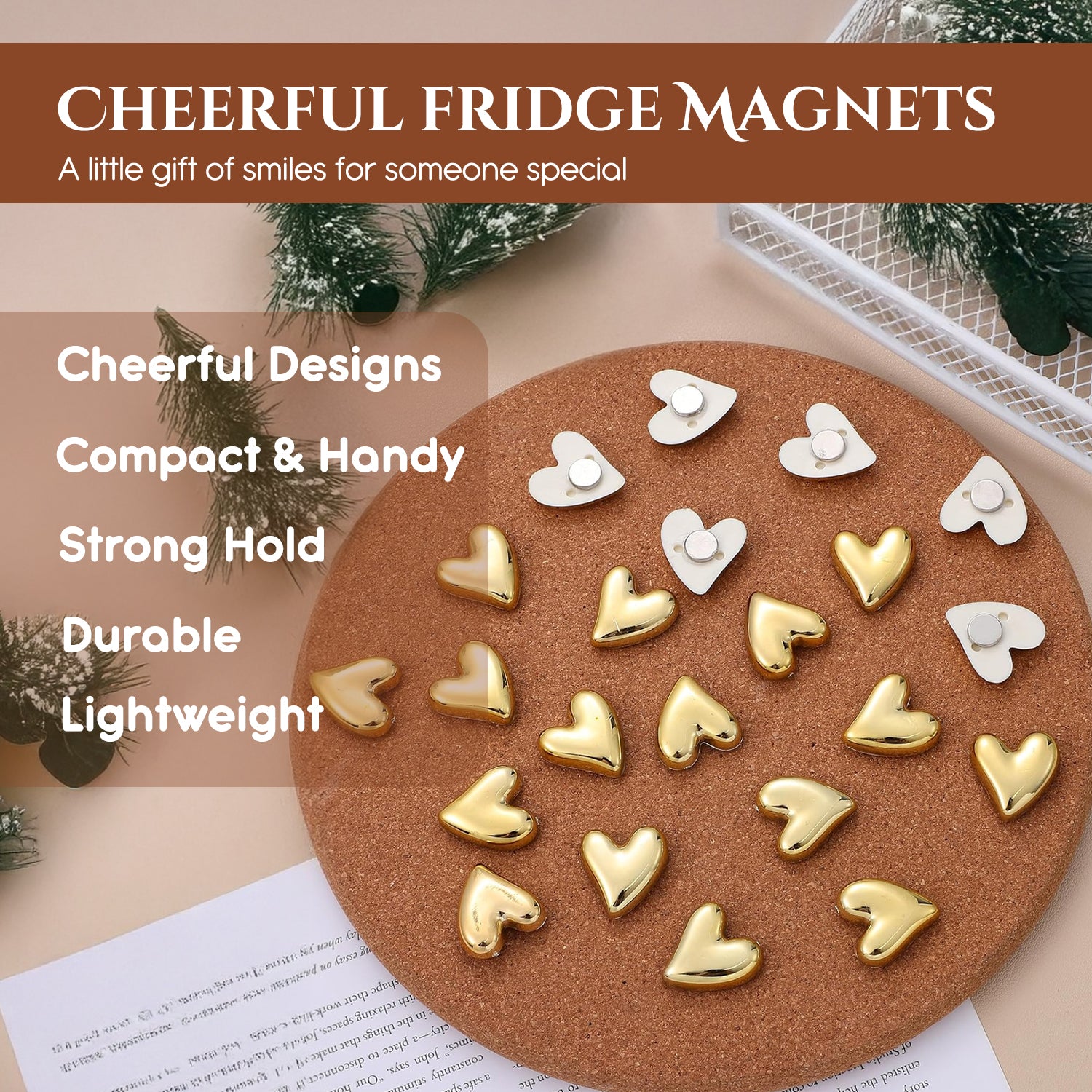 Golden Heart Fridge Magnet Set of 12 for Home & Kitchen Decor