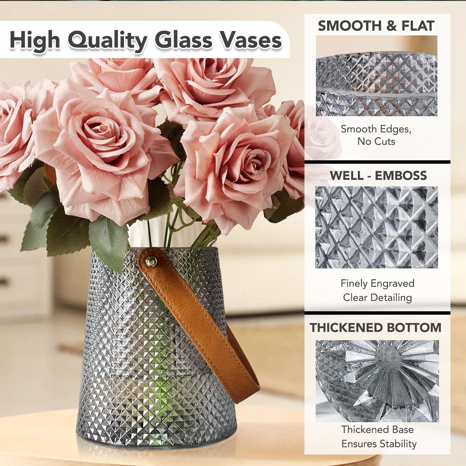 Glass Flower Vase with Leather Handle for Home Decor & Table Decoration