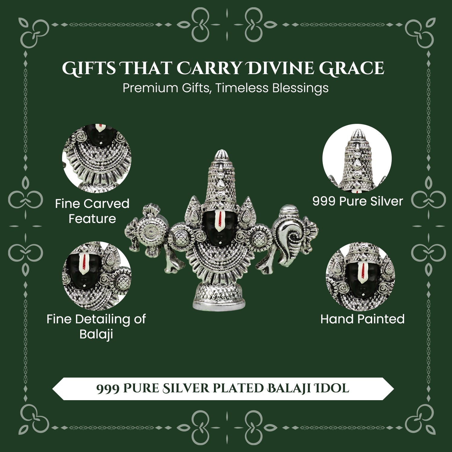 999 Silver Plated Tirupati Balaji Venkateshwara Idol with Green Velvet Gift Box for Vastu, Housewarming & Wedding Gifting
