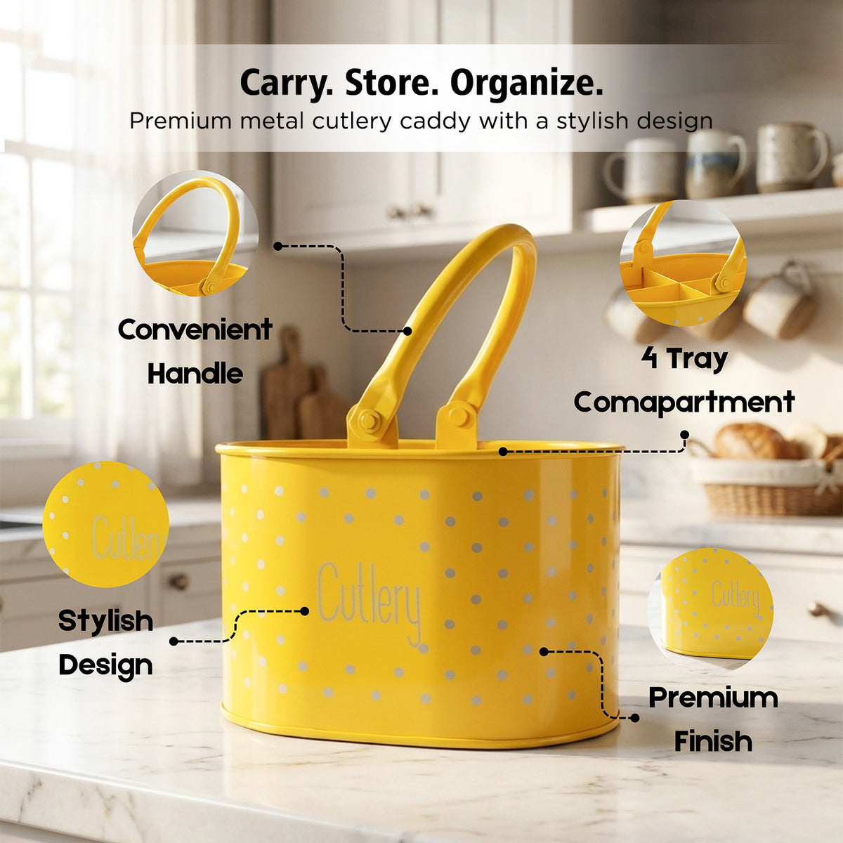 4 Compartment Metal Cutlery Holder with Handle