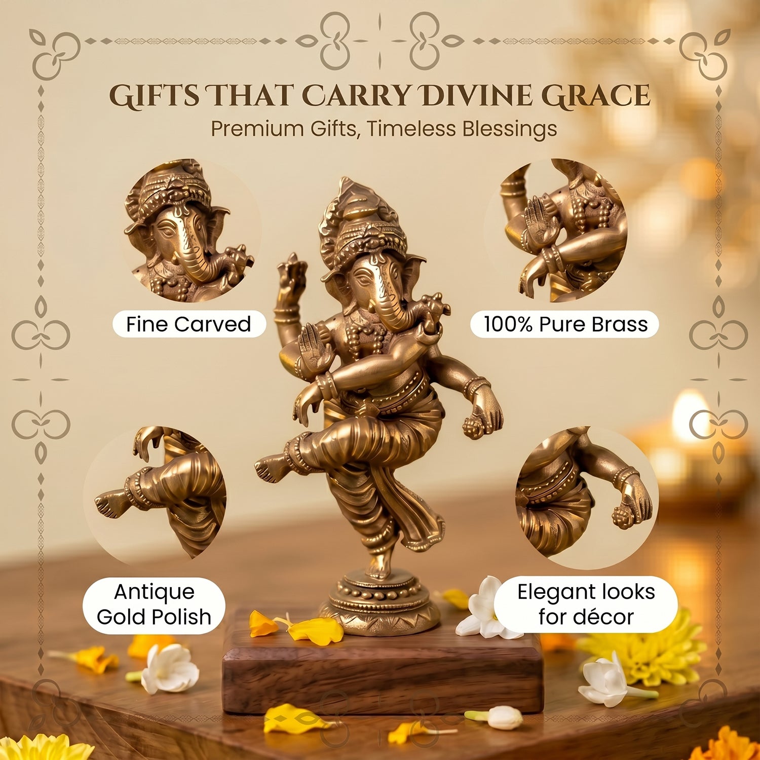 Brass Dancing Ganesha Idol for Pooja ,Home Decor, Office Desk & Car Dashboard