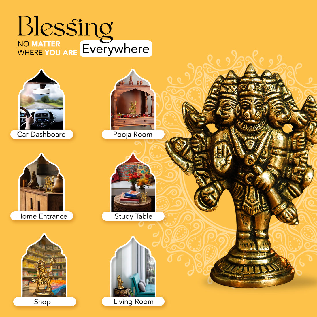 Pure Brass Panchmukhi Hanuman Idol for Pooja & Home Decor