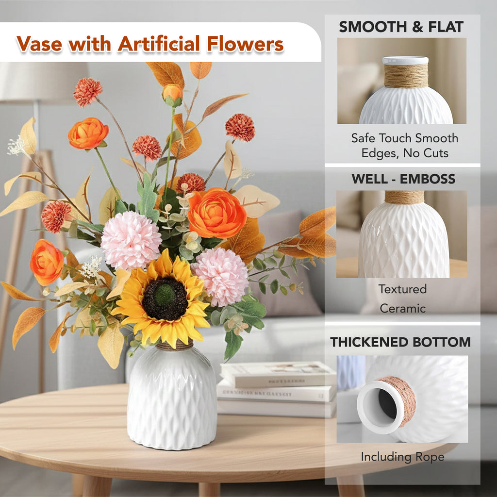 Ceramic Vase with Artificial Flowers for Home Decor, Office Desk & Gifting