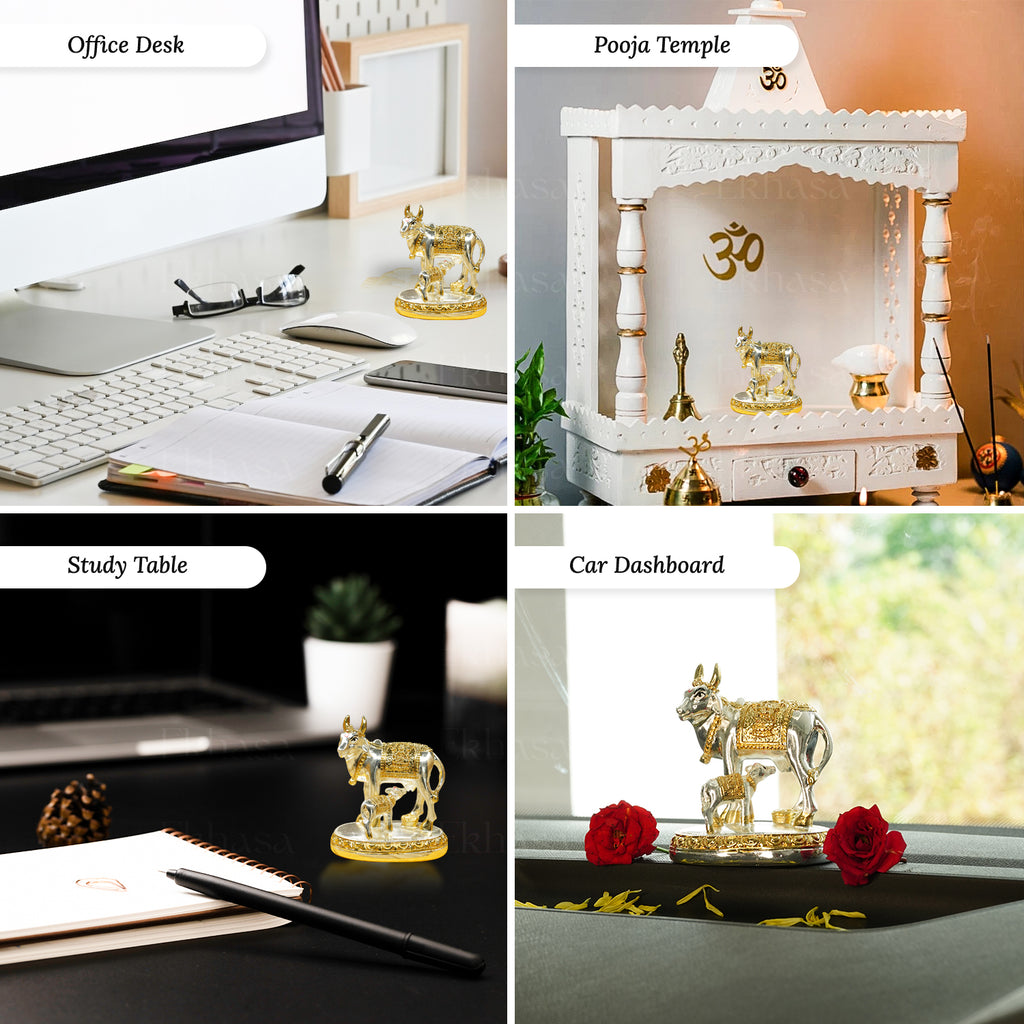 24K Gold and 999 Silver Plated Kamdhenu Cow with Calf Vastu Idol for Home Decor & Pooja