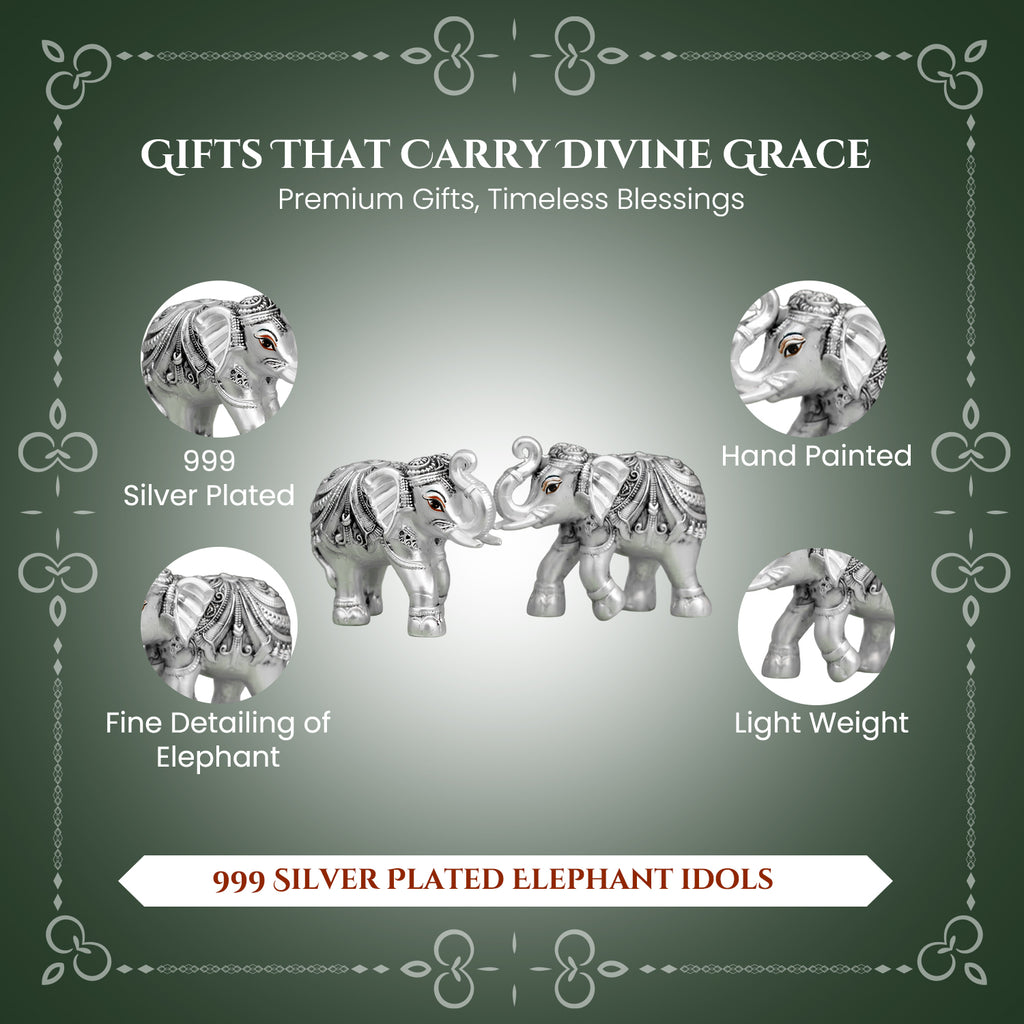 999 Pure Silver Plated Elephant Pair Showpiece with Gift Box for Housewarming, Wedding & Gifting