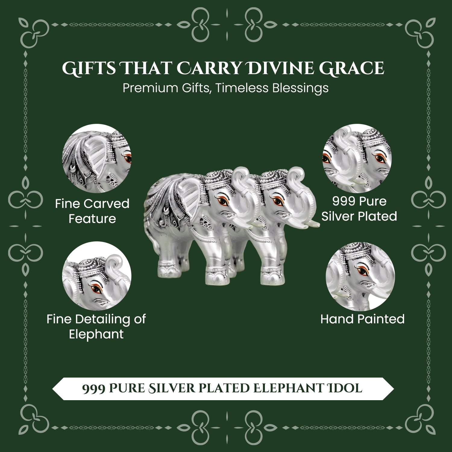 999 Silver Plated Elephant Pair with Green Velvet Gift Box for Vastu, Housewarming & Wedding Gift