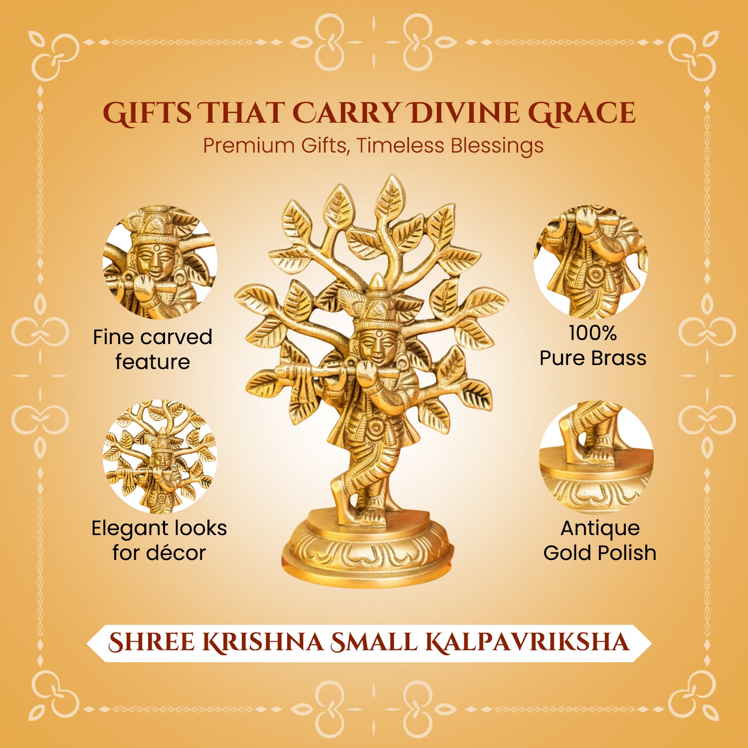 Brass Lord Krishna Idol with Kalpavriksha Tree & Flute Gift Box for Housewarming, Wedding & Gifting