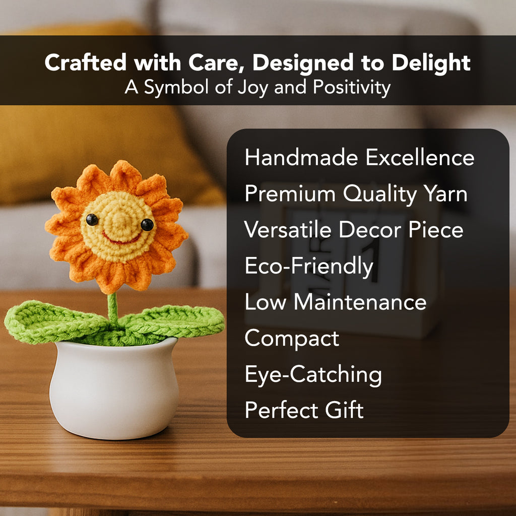 Smiley Sunflower Crochet Flowers Pot for Home Decor, Car Dashboard & Gifting