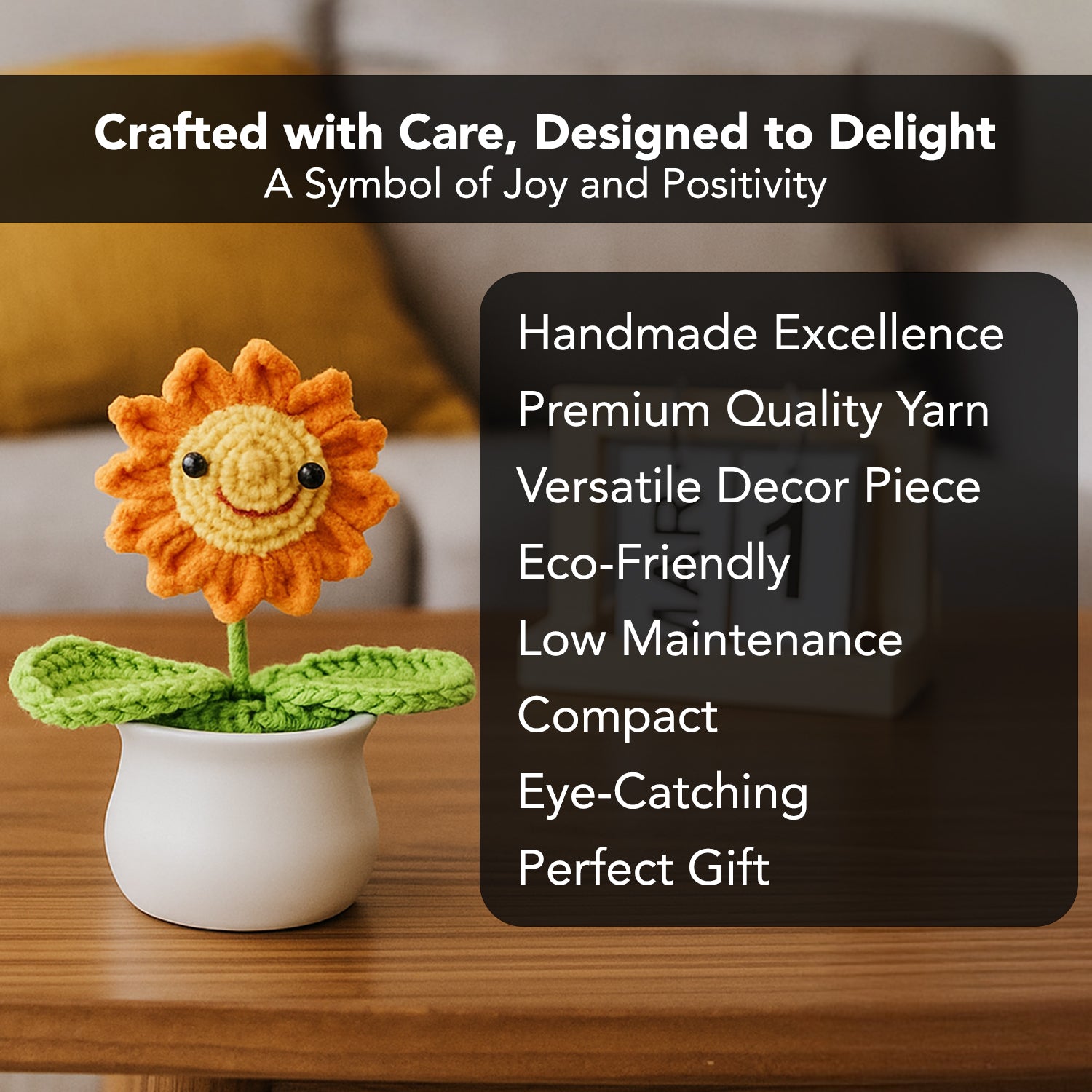 Smiley Sunflower Crochet Flowers Pot for Home Decor, Car Dashboard & Gifting