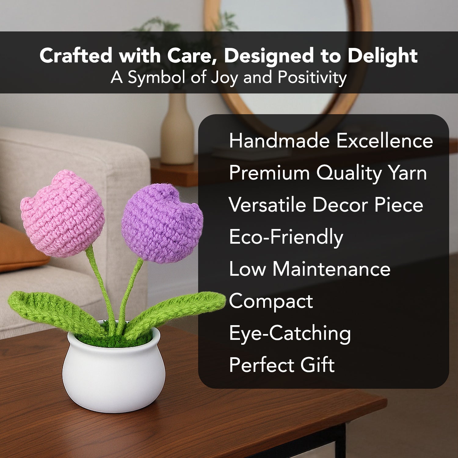 Crochet Tulip Flowers Pot for Home Decor & Office Desk Decoration