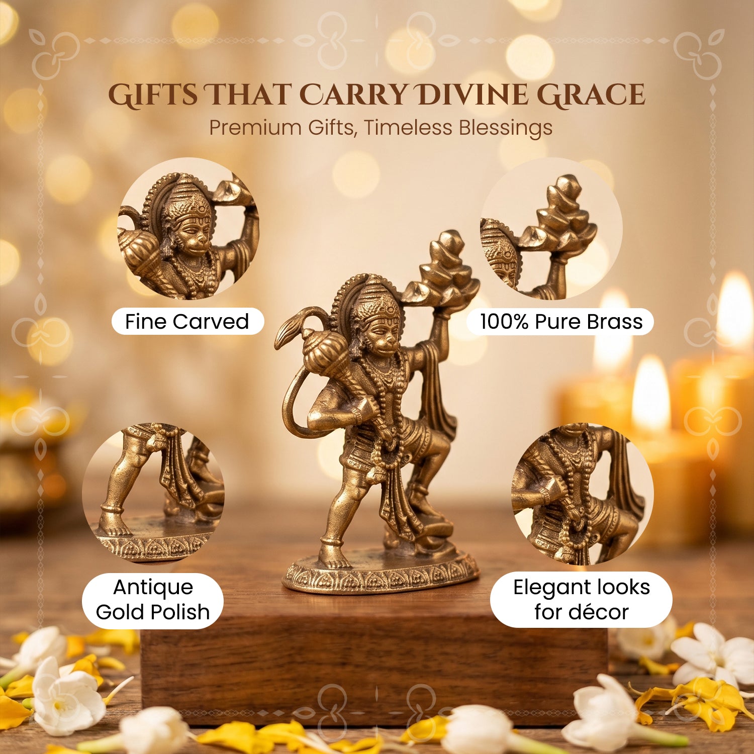 Brass Hanuman Idol for Pooja Room, Home Decor, Office Desk & Car Dashboard