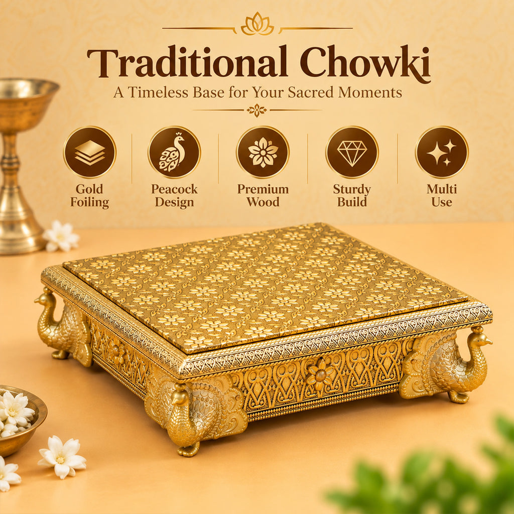 Gold Toned Wooden Peacock Chowki for Pooja, Home Temple & Festive Gifting
