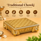 Gold Toned Wooden Peacock Chowki for Pooja, Home Temple & Festive Gifting