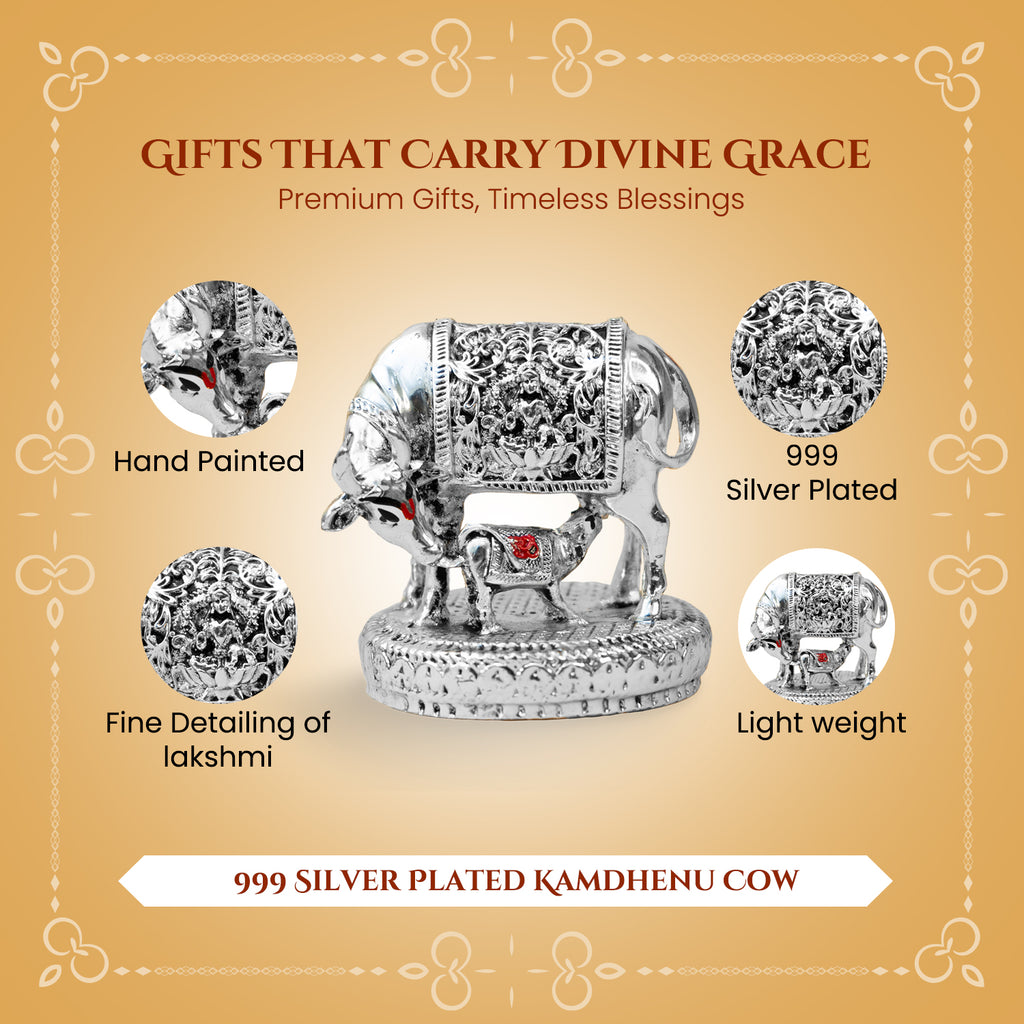 999 Silver Plated Kamdhenu Cow with Calf Idol with Gift Box for Housewarming, Wedding & Gifting