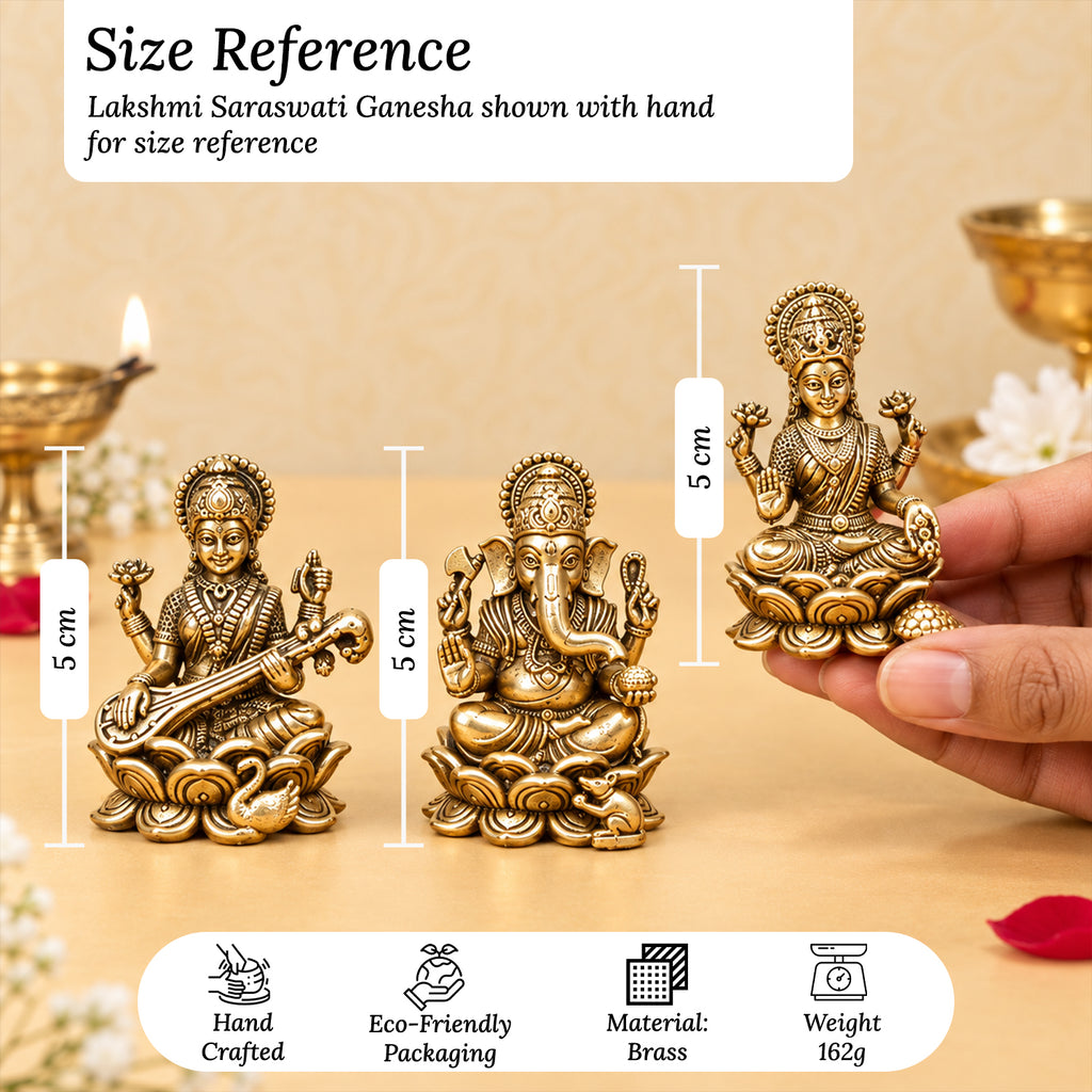 Pure Brass Lakshmi Ganesh Saraswati Idol with Velvet Gift Box for Housewarming, Wedding & Gifting