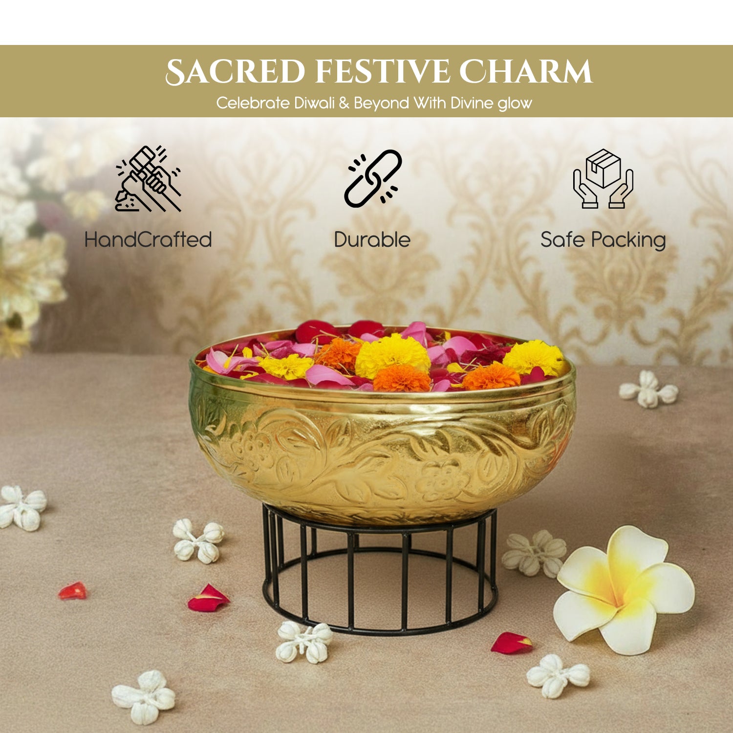 Gold Urli Bowl with Stand for Home Decor, Table Decor, Diwali Decoration & Gifting