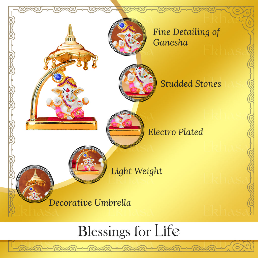 Ganesha Idol with Umbrella for Car Dashboard Decor & Spiritual Gifting