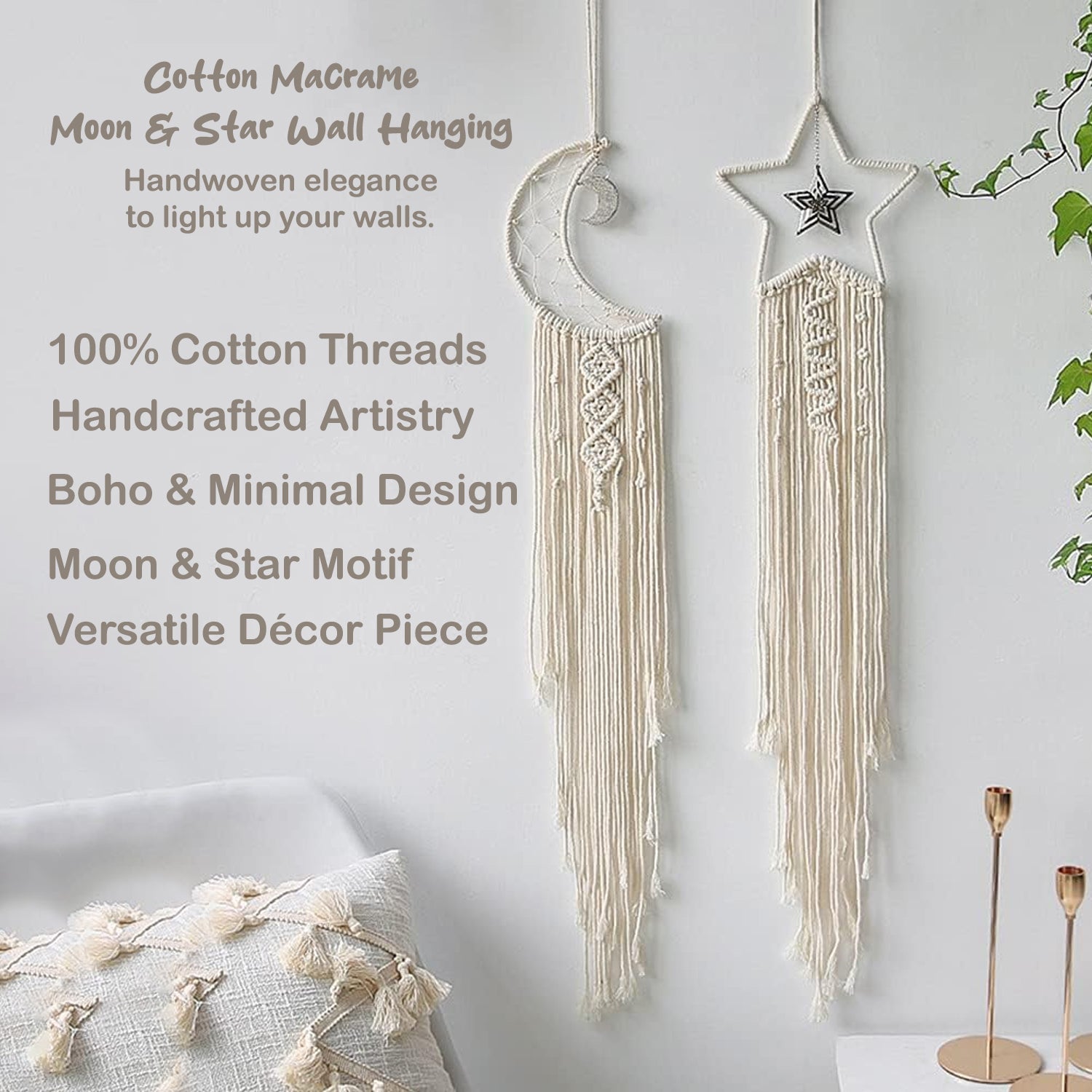 Macrame Moon & Star Wall Hanging Set for Bedroom & Home Decor