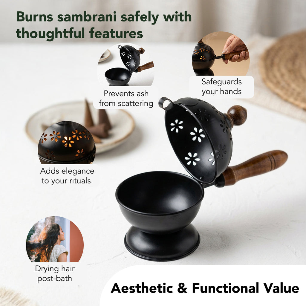 Metal Dhoop Dani with Wooden Handle for Pooja, Meditation & Home Temple Rituals