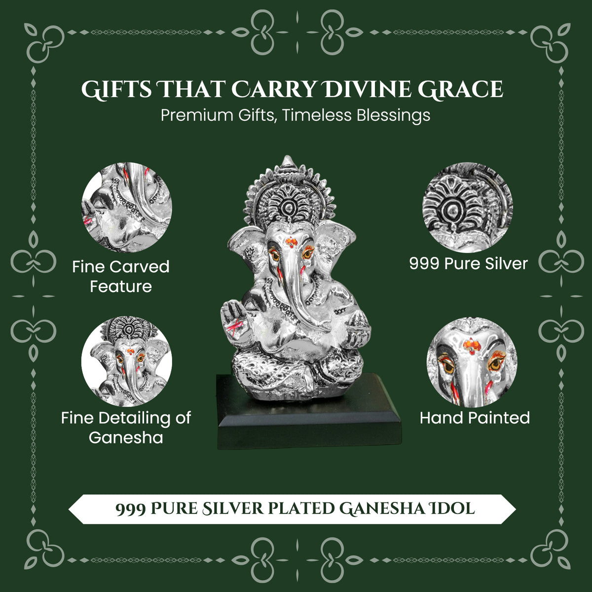 999 Silver Plated Ganesh Idol with Green Velvet Gift Box for Vastu , Housewarming & Wedding Gift